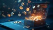 © Prompt2image - A treasure chest filled with shiny gold coins floats above an open laptop, emitting a magical glow in a dark environment