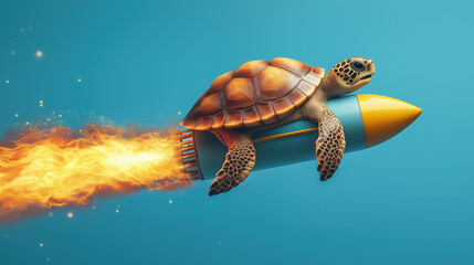 A turtle flying on the rocket at high speed against blue sky