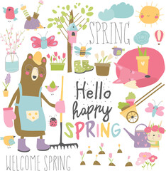 Wall Mural - Set of cartoon animals and spring elements