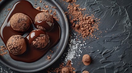 Wall Mural - Chocolate truffles on a black plate with chocolate sauce Sweets are sprinkled with cocoa powder and powdered sugar Top view : Generative AI