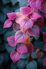 Wall Mural - Close-up of vibrant pink and purple leaves with delicate veins under soft lighting, creating a contrast against a dark background in a natural setting.