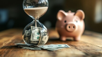 An hourglass filled with cash is placed next to a piggy bank on a wooden surface, illustrating the concept of saving money and time