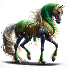 A beautiful spiritual Arabic Zuljanah-style horse with golden and green decoration, Arabic horse, Islamic horse, Muharram horse, Karbala style art, Ai generated 3d horse art. shia art, horse lover.