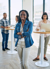 Poster - Portrait, arms crossed and woman with modern office, business or smile in workplace for advice. Coworkers, break room and people with tech, app or brainstorming for teamwork or research collaboration