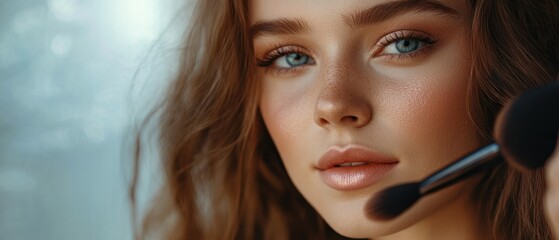 Wall Mural - Close-up of a Woman's Face with Makeup Brush