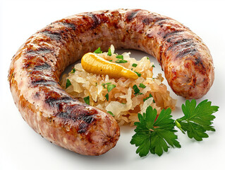 Sticker - A large sausage is sitting on a plate with a side of sauerkraut and parsley