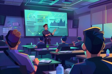 Aufkleber - A professional discusses financial strategies with attendees in a contemporary conference room setting filled with engaging visuals. Generative AI