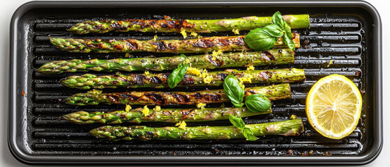 Canvas Print - A plate of asparagus with lemon slices and basil