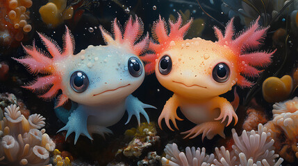 Poster - illustration of two cute colorful baby axolotls in water