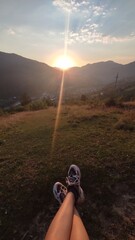 sunset in the mountains, beautiful view of mountains and houses at sunset