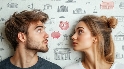 a man and woman in disagreement, with symbols of financial goals like a piggy bank, house, and trave