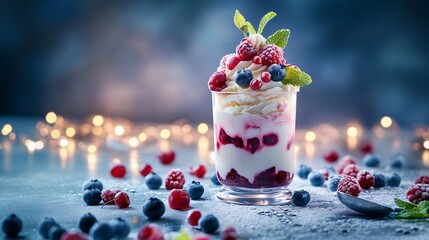 Wall Mural - A close-up of a luxurious ice cream parfait in a high-end glass, with layers of creamy ice cream, fresh berries, and a hint of mint leaves for added elegance Camera lens 50mm studio shot for Hi-end