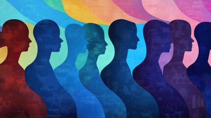 Wall Mural - A group of silhouettes are shown in a rainbow colored background, AI