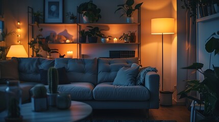 Interior of dark living room with couch shelving units and glowing lamps : Generative AI