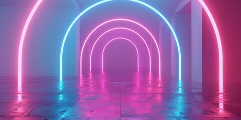 Canvas Print - 3d render, pink blue neon lines, geometric shapes