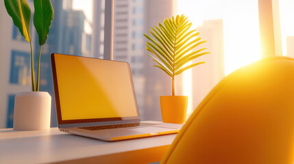 Canvas Print - A laptop computer sitting on a desk with plants in the background, AI