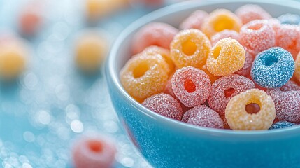 Wall Mural - A high-end image of a bowl of sugary cereals with a focus on the sparkling sugar coating and bright hues, set against a glossy, reflective surface Camera lens 50mm studio shot for Hi-end advertising