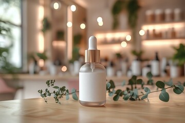 mock up serum bottle on table with blurred cosmetics store background