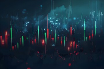 Wall Mural - A stock market candlestick chart with green and red candles on a black background, representing the concept of world global trade and finance