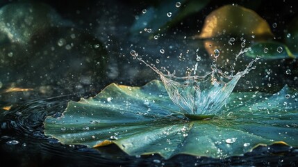 Wall Mural - Water Droplet Splashing on a Green Leaf in a Pond