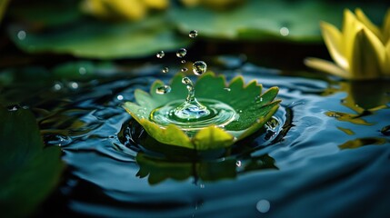 Poster - Water Droplet Splashing on a Green Leaf in a Pond