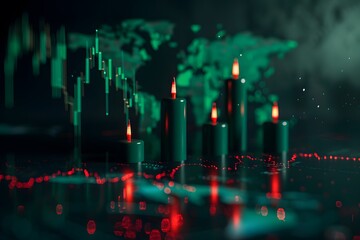 Wall Mural - A stock market candlestick chart with green and red candles on a black background, representing the concept of world global trade and finance