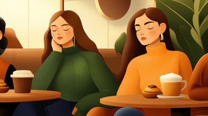 Wall Mural - Three women sitting at a table with coffee and pastries, AI