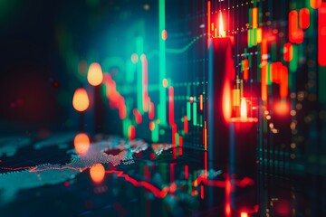 Wall Mural - A stock market candlestick chart with green and red candles on a black background, representing the concept of world global trade and finance