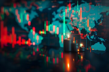 Wall Mural - A stock market candlestick chart with green and red candles on a black background, representing the concept of world global trade and finance