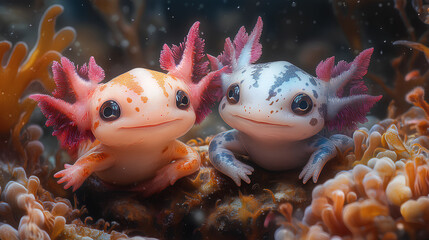 Poster - detailed illustration print of two cute colorful happy baby axolotls nature background