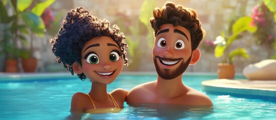 Joyful animated couple posing for a picture at the poolside with emphasis on the cheerful guy