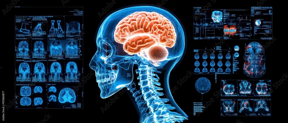 Neural Imaging, X-ray view of a skull with highlighted brain scans ...