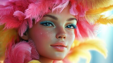 Wall Mural - Playful young lady with a gentle smile and fluffy feather on her head in vibrant 3D style