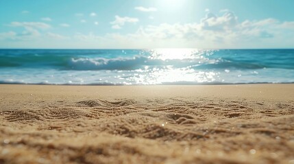 Wall Mural - Beach sand for summer vacation concept Beach nature and summer seawater with sunlight light sandy beach Sparkling sea water contrast with the blue sky : Generative AI