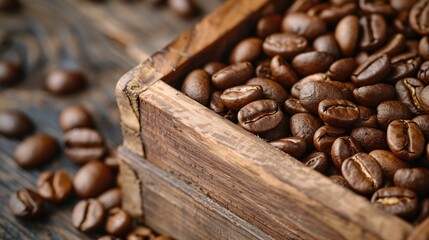 close up brown coffee beans in wooden box medium roast caffeine and energy coffee background : Generative AI