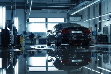 Aufkleber - A black car stands in a brightly lit auto repair shop while a technician works in the background, highlighting a busy evening atmosphere. Generative AI