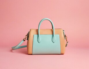 Pastel colored women hand bag on pink background. Summer fashion concept. Ai generated image.