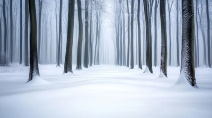 Wall Mural - A snow covered path in a forest with trees and bushes, AI