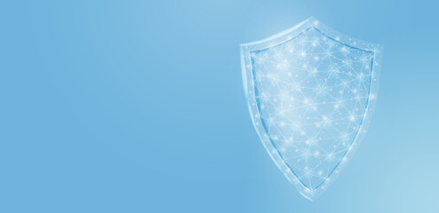 Wall Mural - Guard shield. Cyber security concept with glowing low poly shield on blue background. Wireframe low poly design. Abstract futuristic vector illustration.