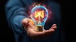 © weerasak - A person holding a glowing light bulb symbolizing ideas, innovation, and creativity against a dark background.
