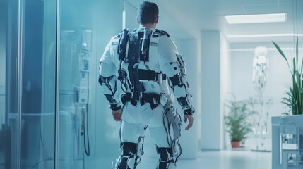 Robotic exoskeletons assisting human rehabilitation in a futuristic healthcare setting, focusing on advanced recovery techniques