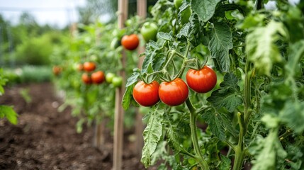 Tomato plants growing in a home garden, with a focus on ripe red fruit