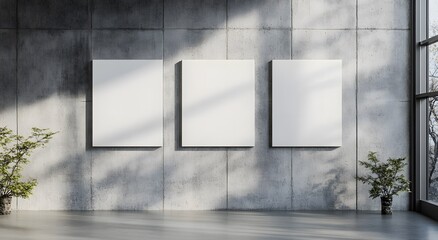 Set of three blank white poster mockup canvas on the wall, concrete background, minimalistic hyper realistic artwork template