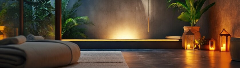 Poster - Relaxing Spa Setting with a Stone Wall, Lanterns, and a Bath