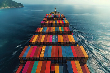 Aerial view of a colorful container ship at sea