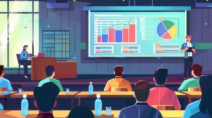 Aufkleber - A speaker presents financial data in a contemporary conference room while attendees engage and take notes. Generative AI