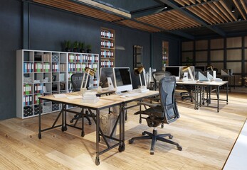 Poster - open office space with wooden floors and brick walls