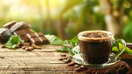 Wall Mural - Cup of organic hot chocolate in glass cup on wooden slat table with piece of chocolate