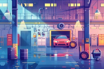 Poster - A bright workshop hosts a stylish red sports car, illuminated by overhead lights, reflecting off the polished floor in a colorful, dynamic environment. Generative AI