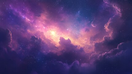 Sticker - A Cosmic Landscape of Stars, Nebulas, and Clouds in a Violet Sky